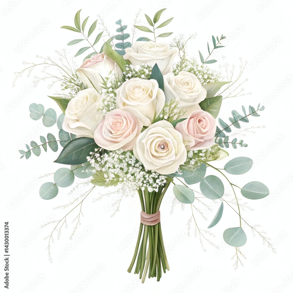 Obraz premium Beautiful bouquet of white and blush roses, eucalyptus, and baby's breath. Perfect for weddings, anniversaries, or special occasions.