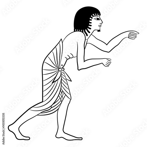 Ancient Egyptian man in profile in dynamic pose. Ethnic design. Black and white linear silhouette.