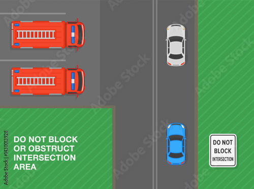 Safe driving tips and traffic regulation rules. Do not block intersection sign. Top view of a traffic flow passing fire station. Flat vector illustration template.