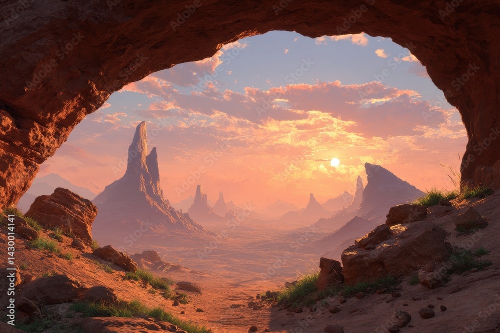 Fototapeta premium Sunset over a Desert Landscape Viewed from a Cave Archway