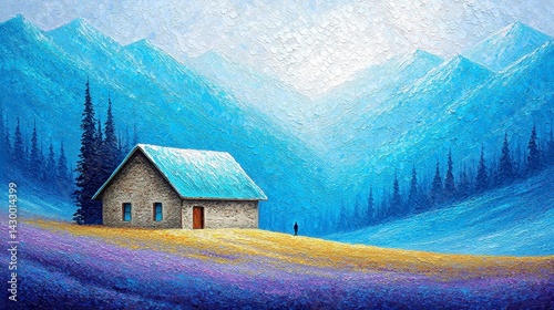 Pointillism Stone House Surrounded by Lavender Field and Blue Mountains with a Distant Figure photo