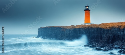 An orange lighthouse stands sentinel against a stormy ocean on a rugged cliffside.