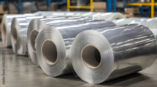 Wide rolls of plastic film stacked neatly in a manufacturing.generative.ai