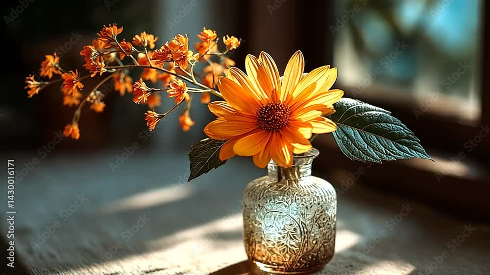 Vibrant yellow flower arrangement in a sunlit room
