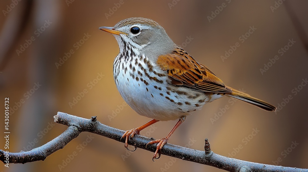 Close-up of a speckled bird perched on a branch. Close-up of a speckled bird perched on a branch.