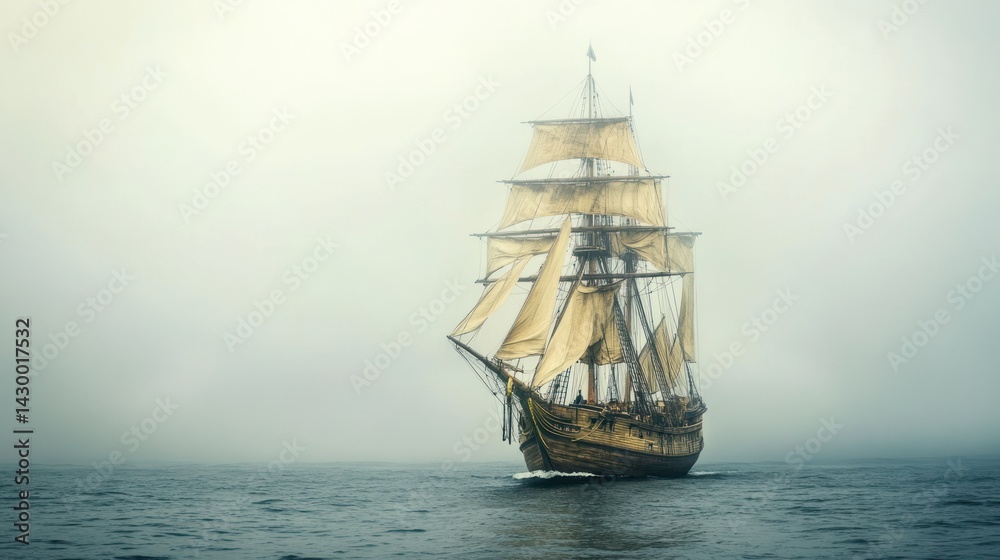 Fototapeta premium A large sailing ship sailing in a misty atmospheric seascape