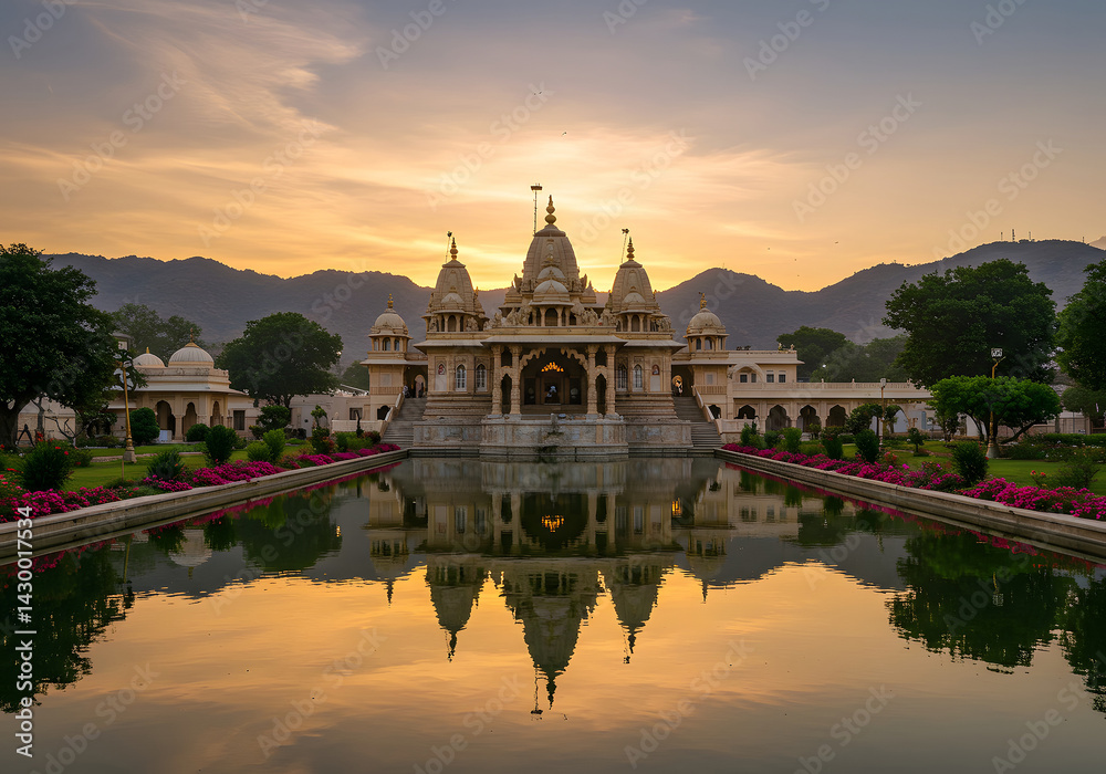 Obraz premium Jaipur, Rajasthan Stunning Indian Temple and Reflection at Sunset, Architectural Beauty, Travel Photography.
