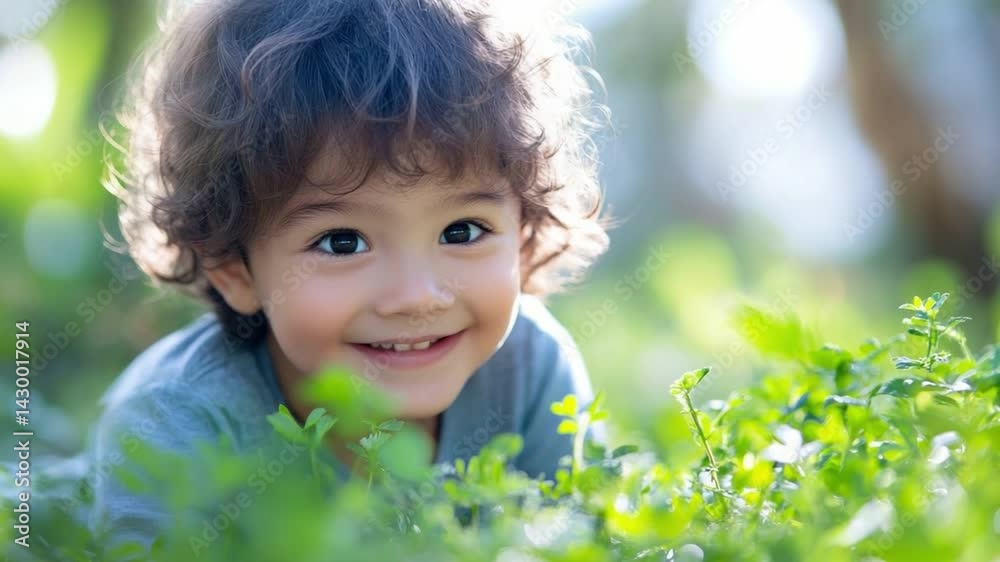 Child's Smiling Gaze in Greenery: A bright-eyed child with curly hair, radiates pure joy as he engages with the serene and verdant nature that enfolds him in a delightful expression. Child's Smiling Gaze in Greenery: A bright-eyed child with curly hair, radiates pure joy as he engages with the serene and verdant nature that enfolds him in a delightful expression.