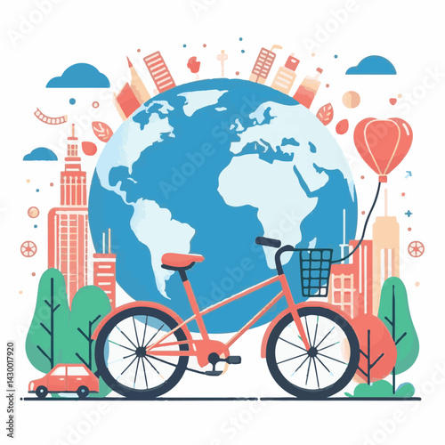 bicycle, background, world, day, sport, design, transport, world bicycle day, ride, earth, vehicle, environment, poster, illustration, nature, cycle, travel, green, banner, concept, ecology, globe, ve
