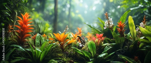 Vibrant bromeliads and tropical flora under a misty forest canopy bring a natural richness