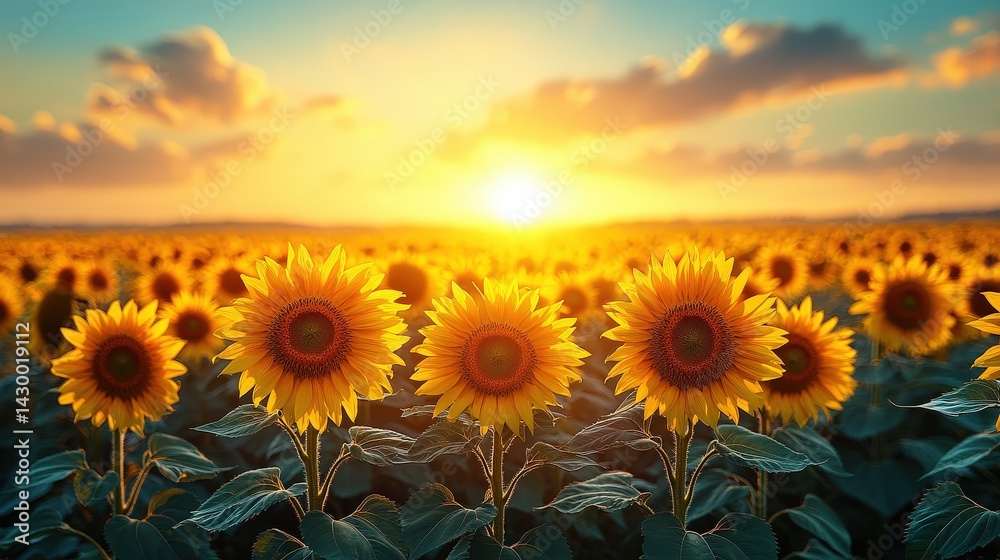 Obraz premium Golden sunflower field at sunset, bathed in warm sunlight.