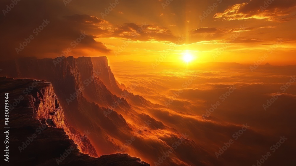 Fototapeta premium Dramatic golden sunset over majestic mountain peaks shrouded in mist.