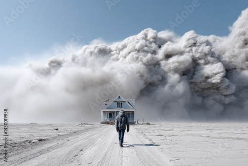 A man walks away from a house that is being enveloped in almost every natural disaster conceivable