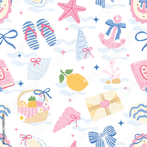 Coquette Nautical Summer Seamless Pattern with Shells, Bows, Anchor and Picnic Elements in Pastel Colors