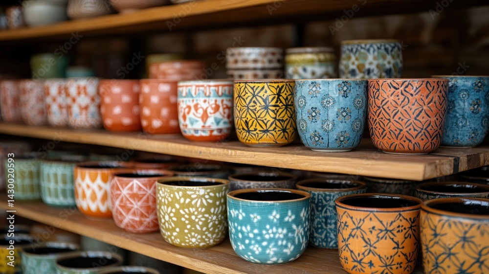 Fototapeta premium Colorful patterned ceramic cups on wooden shelves