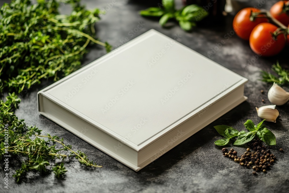 Fototapeta premium Elegant white book rests with fresh thyme, basil, garlic, & tomatoes. It's ideal for presenting culinary recipes or creative food concepts.