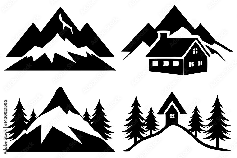 Fototapeta premium winter mountain with house vector silhouette illustration isolated on white background