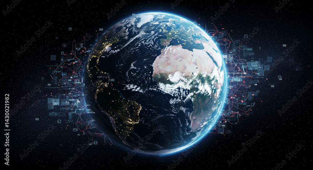Naklejka premium Earth globe in space with digital network connections and data visualization elements around it