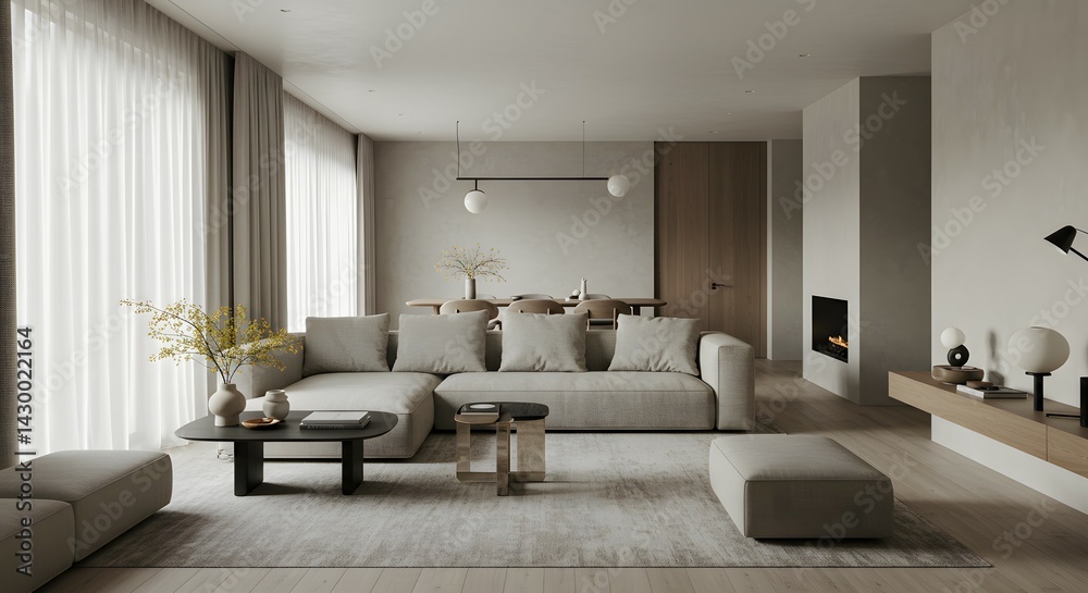 Fototapeta premium Modern Minimalist Living Room Design Neutral Tones and Tranquil Atmosphere