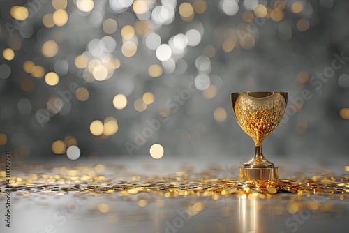 Golden trophy on confetti background