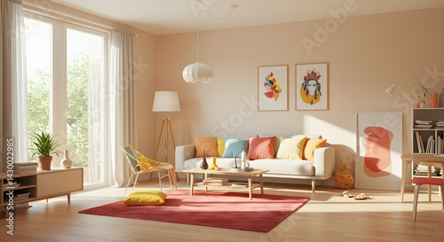 Modern Living Room Interior Design Sunlight Filled Space with Warm Tones and Comfortable Furniture