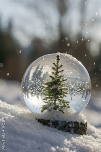 Pristine Snow Globe with Miniature Pine Tree