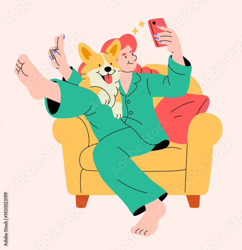 Woman Taking a Selfie with Dog on Sofa