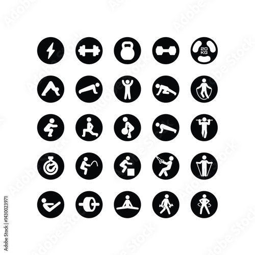 25 Minimalist Fitness Exercise Icons – Clean Black Silhouettes of Workout Poses, Gym Equipment, Strength Training, Cardio, Mobility, Core, Functional Training, and Yoga for App UI, Infographics, and P