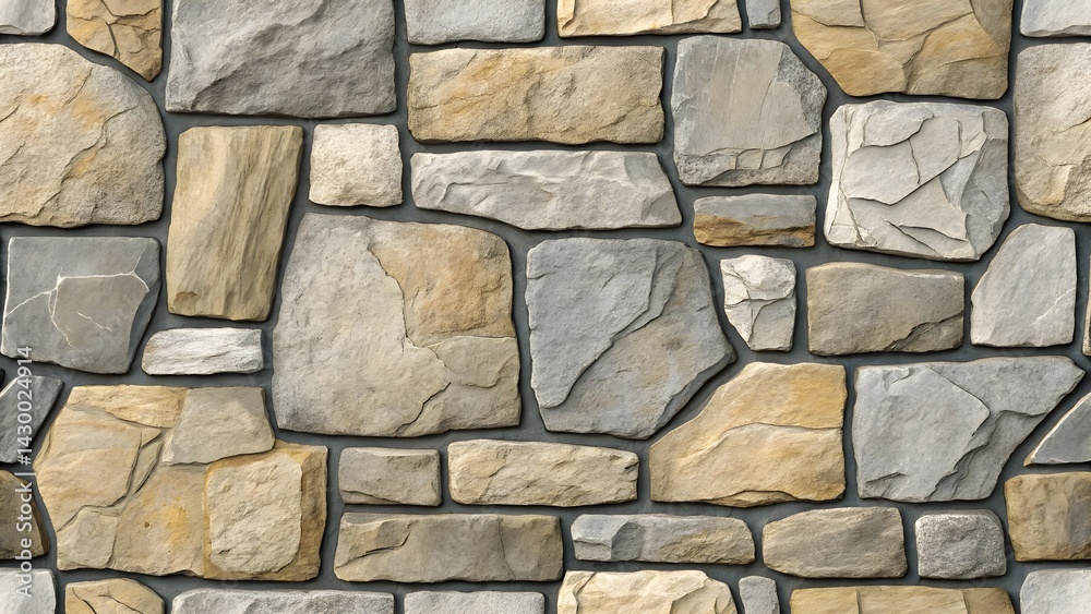 A seamless texture depicting a natural stone wall with varied stone shapes and subtle color variations. Suitable for architectural backgrounds, game environments, and construction designs. A seamless texture depicting a natural stone wall with varied stone shapes and subtle color variations. Suitable for architectural backgrounds, game environments, and construction designs.