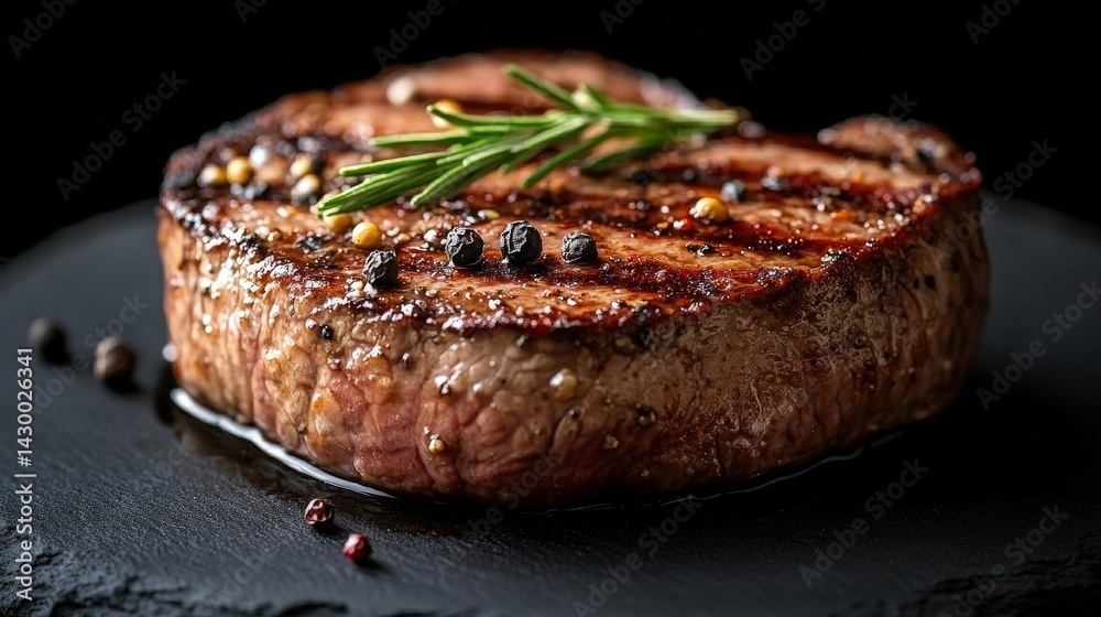 Close-up of a perfectly grilled steak garnished with rosemary and pepper. Close-up of a perfectly grilled steak garnished with rosemary and pepper.