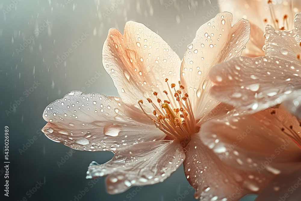 Fototapeta premium Delicate peach-colored blossoms in a gentle rain shower.