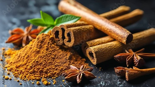 Cinnamon Sticks and Powder with Star Anise and Green Leaves Create Warm, Inviting Culinary Atmosphere