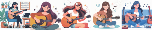 Vector of a young woman playing guitar.