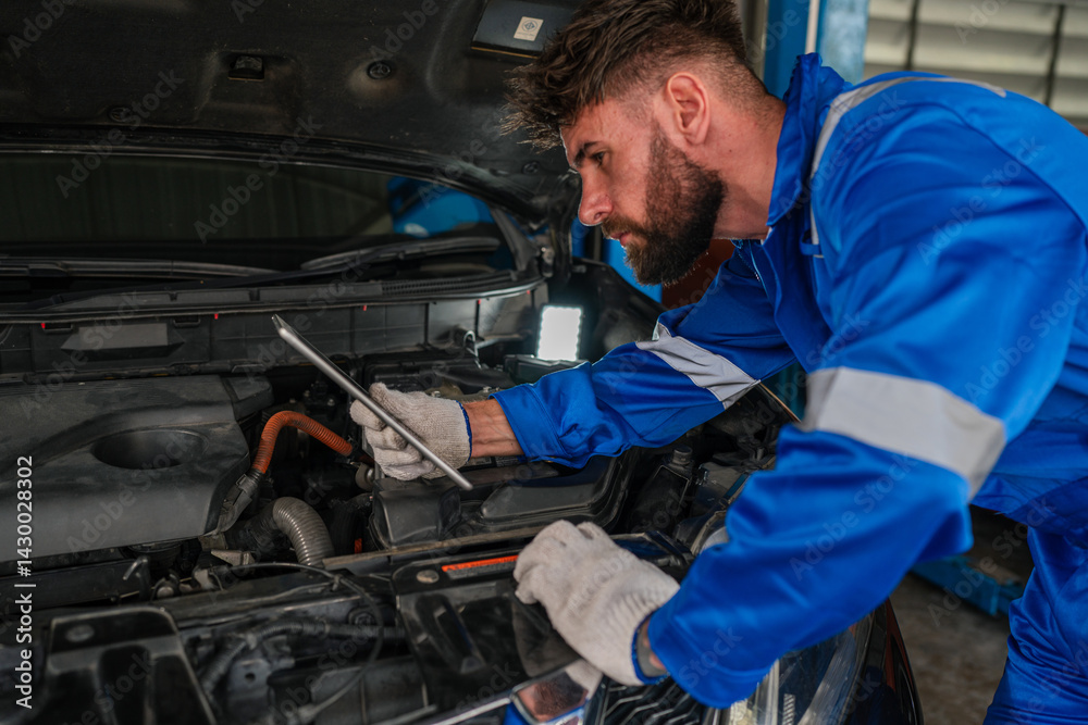 Male Auto mechanic are checking auto engine is problems. Male Auto mechanic are checking auto engine is problems.