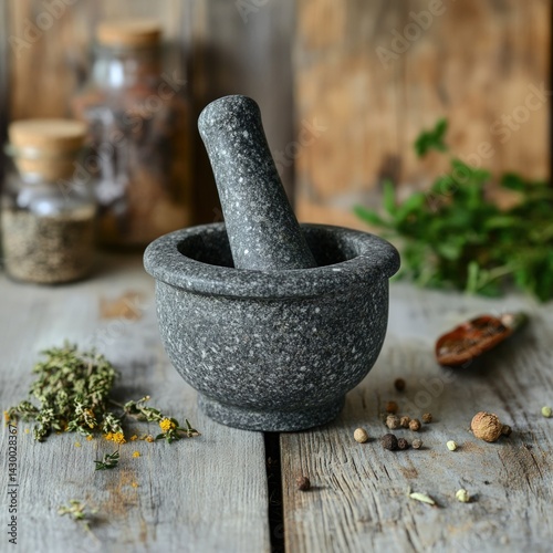 Dark gray stone mortar and pestle on a rustic wooden surface, surrounded by herbs and spices