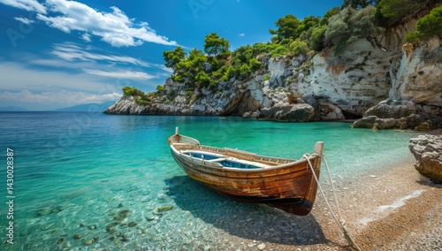A small wooden boat is docked at the shore of an exotic beach, surrounded by turquoise waters and lush greenery under a clear blue sky in Greece. 