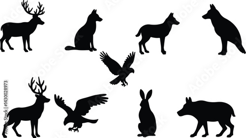 Wild Animal Silhouette Vector Set – Deer, Wolves, Rabbit, and Birds Minimal Black Forest Icons