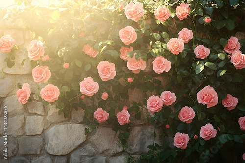 Soft pink roses cascade over a stone wall. photo