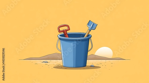 Blue Bucket with Shovel and Spade in Desert Landscape with Sun Setting in Background