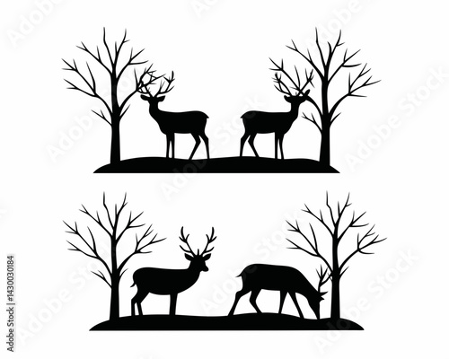 deer in winter forest vector silhouette illustration isolated on white background