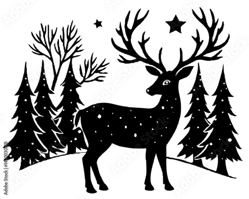 deer in winter forest vector silhouette illustration isolated on white background