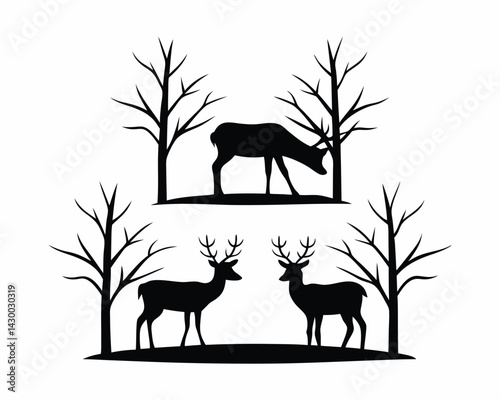 deer in winter forest vector silhouette illustration isolated on white background