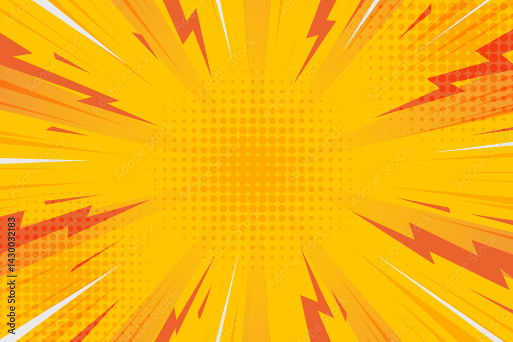 Comic pop art background with lightnings and radial sunburst. Halftone pattern effect on yellow backdrop with explosion frame. Manga style retro illustration.