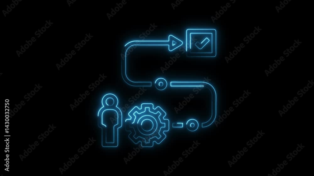 Neon blueprint of business workflow automation process with person gear and final check mark
