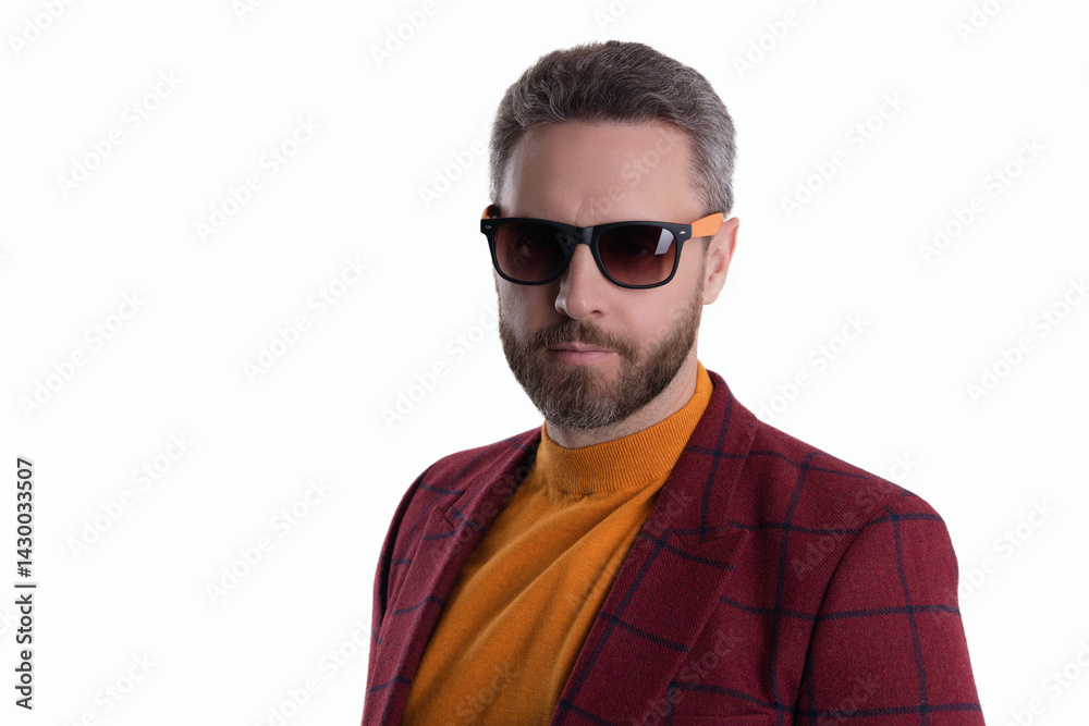 Fototapeta premium Mature confident businessman wearing jacket and sunglasses. Male fashion. Stylish man isolated on white. Handsome Hispanic man follow fashion. Fashion for man. Copy space advertisement