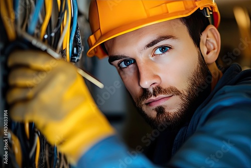 Portrait of a skillful electrician fixing wires with a tool in hand.