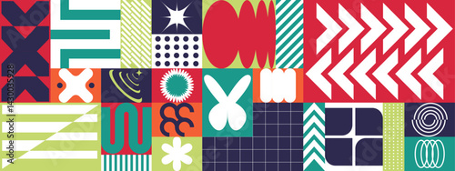 Dynamic modern abstract design featuring geometric shapes in a bold colorful palette