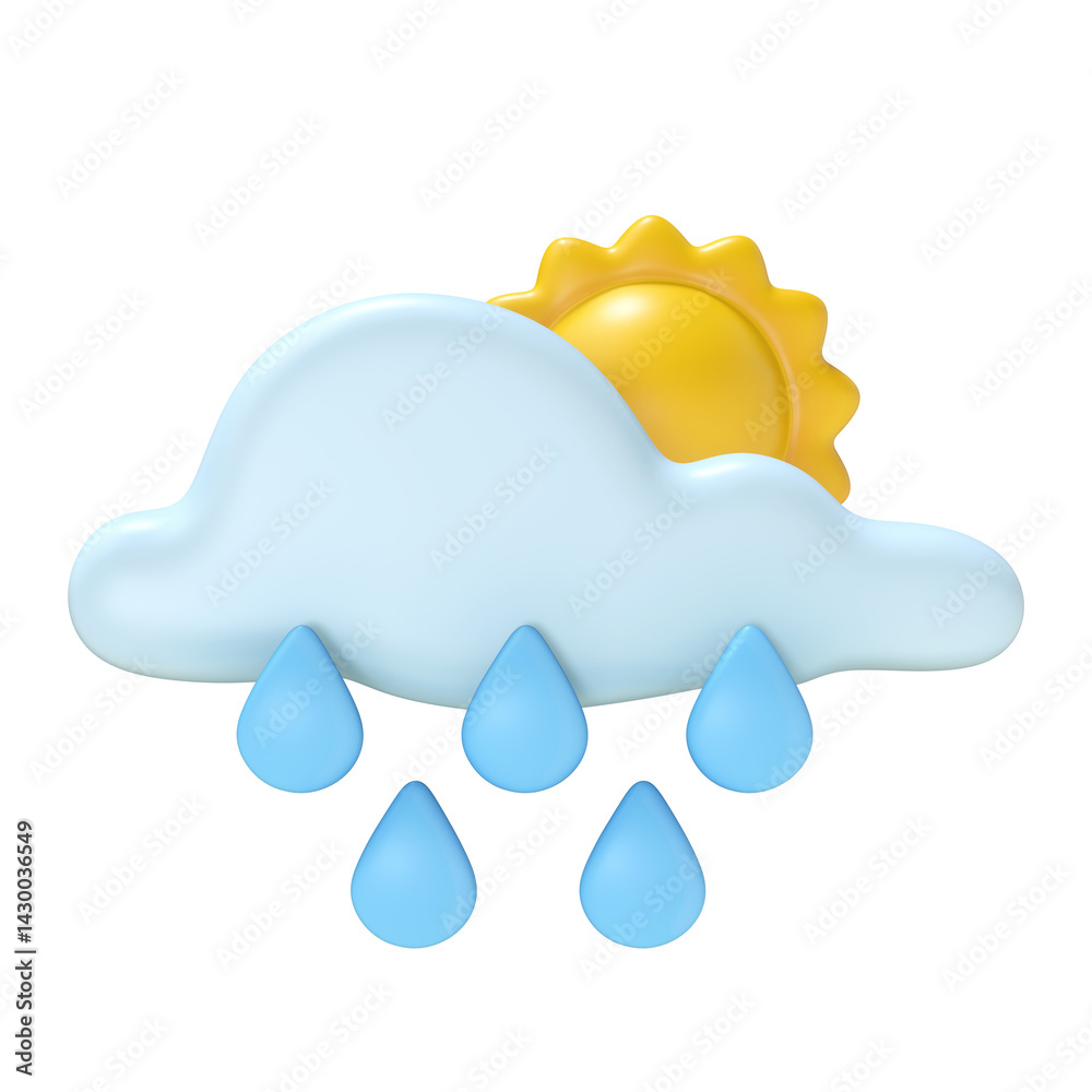 Fototapeta premium A cheerful yellow sun peeks from behind a soft light blue cloud releasing five gentle blue raindrops in this bright 3D weather illustration.
