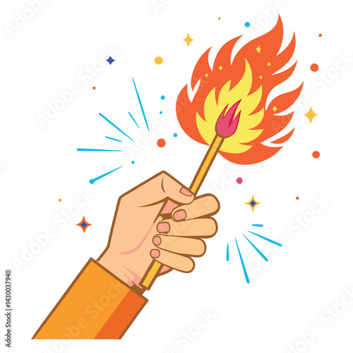 This versatile vector illustration features a hand holding fire from a match or torch in a simple style, perfect for a variety of branding and creative projects.