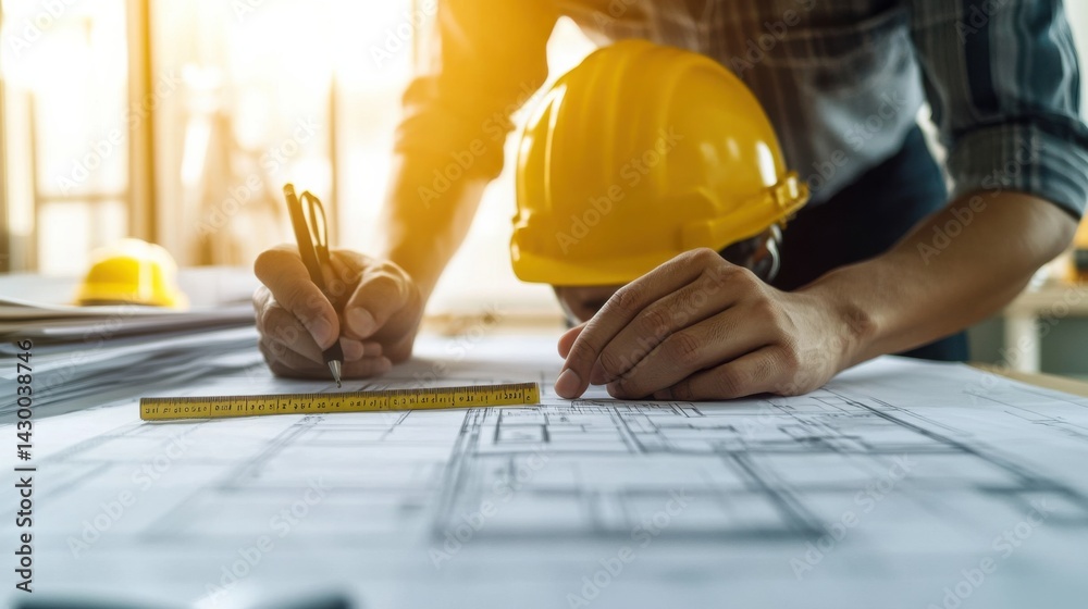 Architect reviewing building blueprints on a drafting table. Featuring focus and planning Architect reviewing building blueprints on a drafting table. Featuring focus and planning